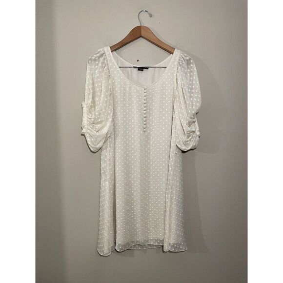 Armani Exchange Shift Dress Womens Medium Short Puff Sleeve Buttons Ivory - Picture 3 of 5